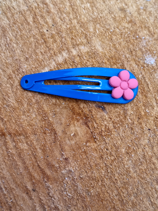 Blue Hairclip featuring Pink Flower